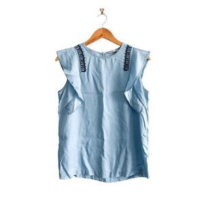 Dex Womens Blouse Denim Style Ruffled Short Sleeve Embroidered Design Blue Small